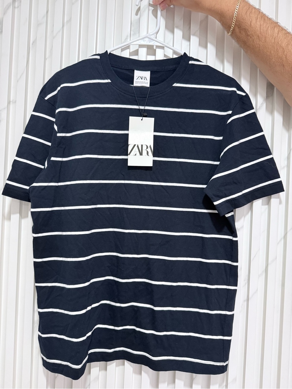 Zara Men Navy & White Striped Crew Neck Tee